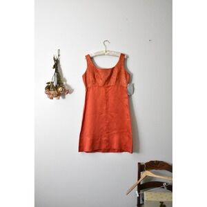 Vintage 60s Sleeveless Brocade Empire Waist Shift Dress Burnt Orange Metallic